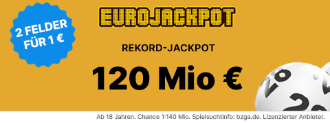 52 Mio. € - 1€ für 2 Felder mit dem Eurojackpot Gutschein
