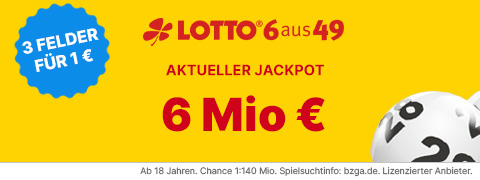Lotto Gutschein: 1 Mio. € im Jackpot - 3 Felder für 1€
