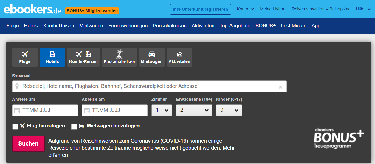 Die Startseite von ebookers