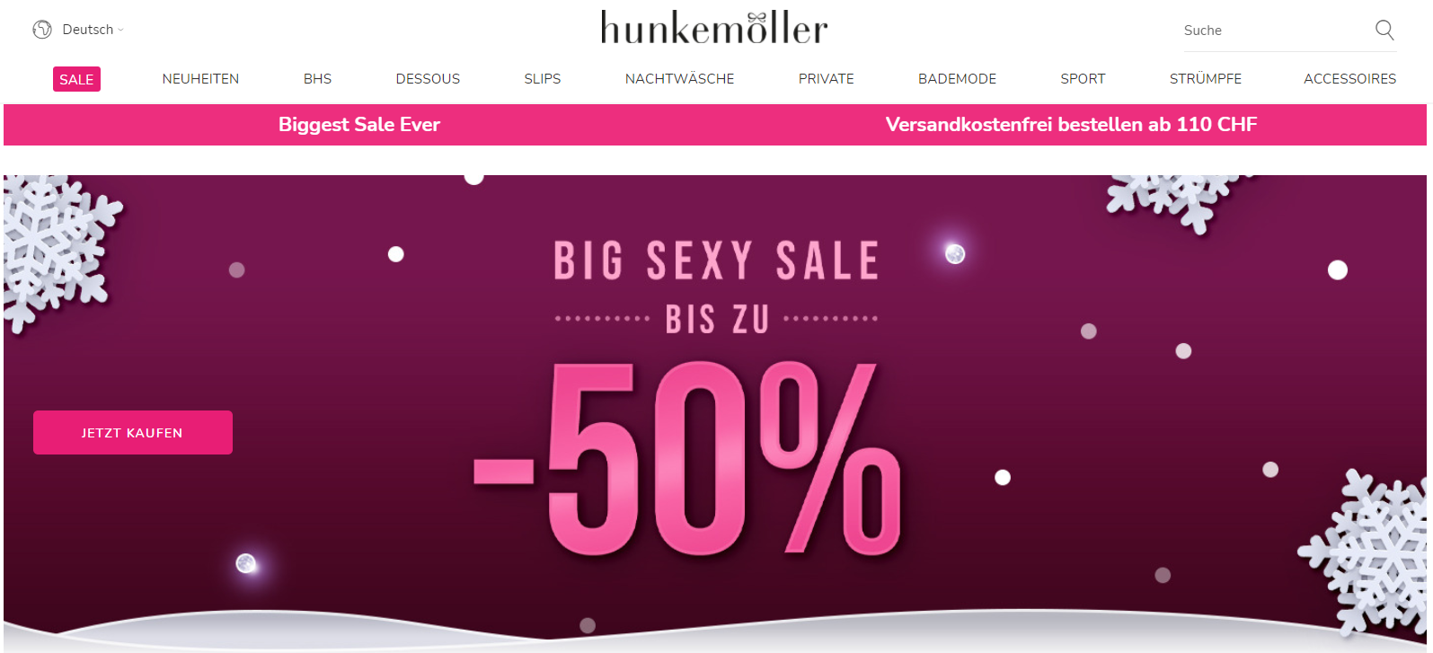 Die Startseite von Hunkemöller