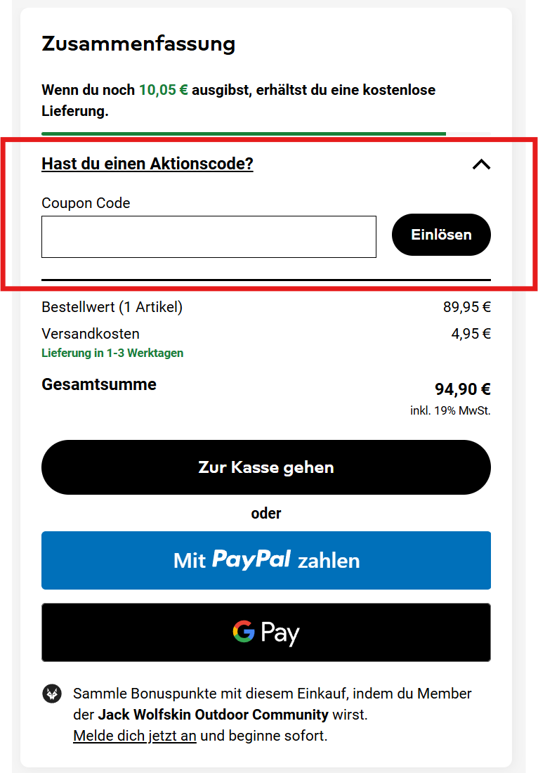 Jack Wolfskin Gutschein einlösen