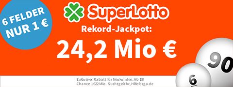 <b>71,4 Mio €</b> SuperLotto Jackpot mit 8€ Gutschein