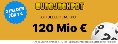 115 Mio. € - 1€ für 2 Felder mit dem Eurojackpot Gutschein