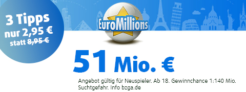 55 Mio. € im EuroMillions Jackpot mit 77% Rabatt spielen