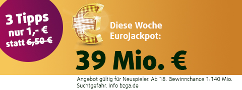Spiele mit 5,50 € Rabatt um <b>10 Mio. €</b> im EuroJackpot - 3 Tipps für nur 1 €